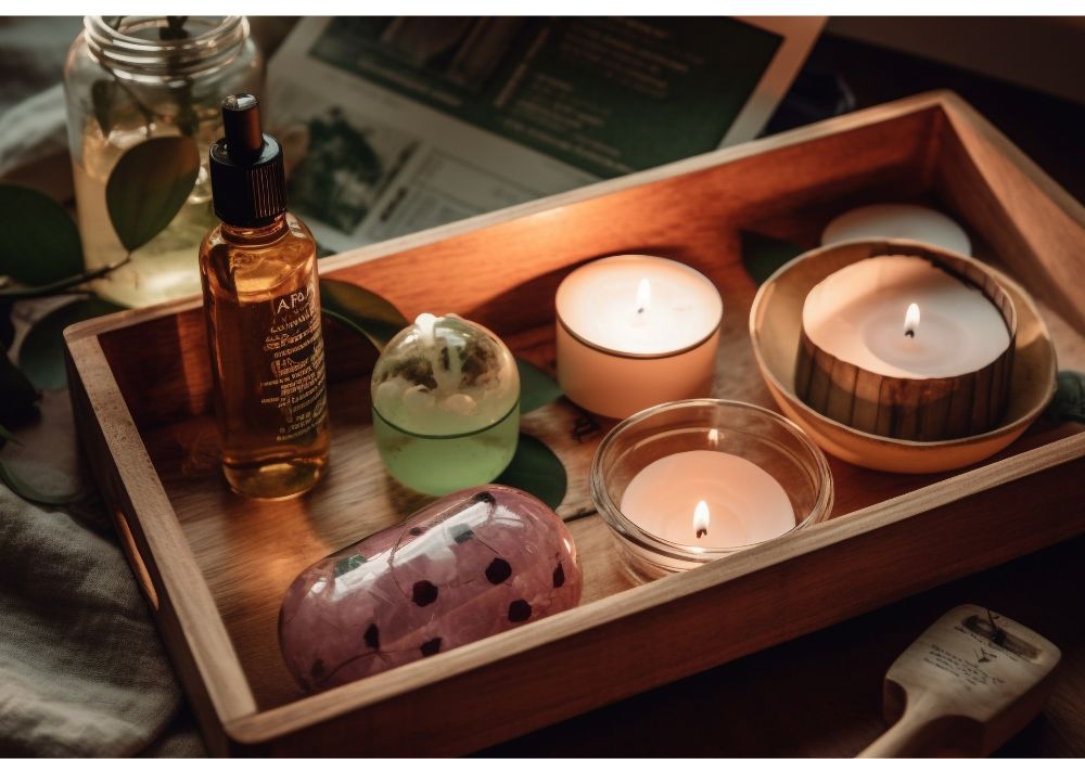 Propriedades curativas dos óleos essenciais na massoterapia - Na imagem mostra uma bandeja com velas aromáticas e óleos essenciais para uma sessão de massagem terapêutica.